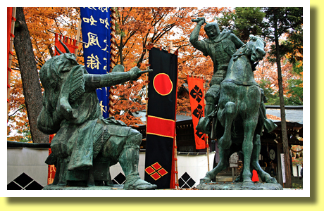 Statues of Shingen Takeda ( left ) and Kenshin Uesugi ( right ), Kawanakajima, Nagano City, Nagano Pref., Koh-Shin-Etsu region